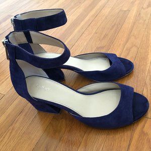 Botkier New York Low Block Heel Zipper Sandal, Blue Suede, Size 8